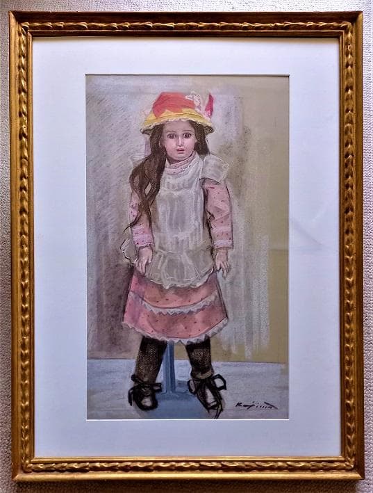 小島俊男　タイトル「人形」　パステル画　サインあり　金縁額装　黄袋、専用箱付き 小島俊男タイトル「人形」パステル画サインあり金縁額装黄袋、専用箱付き