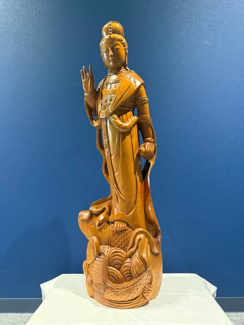 木製観音像 約88cm 魚の彫刻付き Amazon｜魚籃観音 観音像 銅製 23cm 大漁祈願 商売繁盛 厄除け 艱難