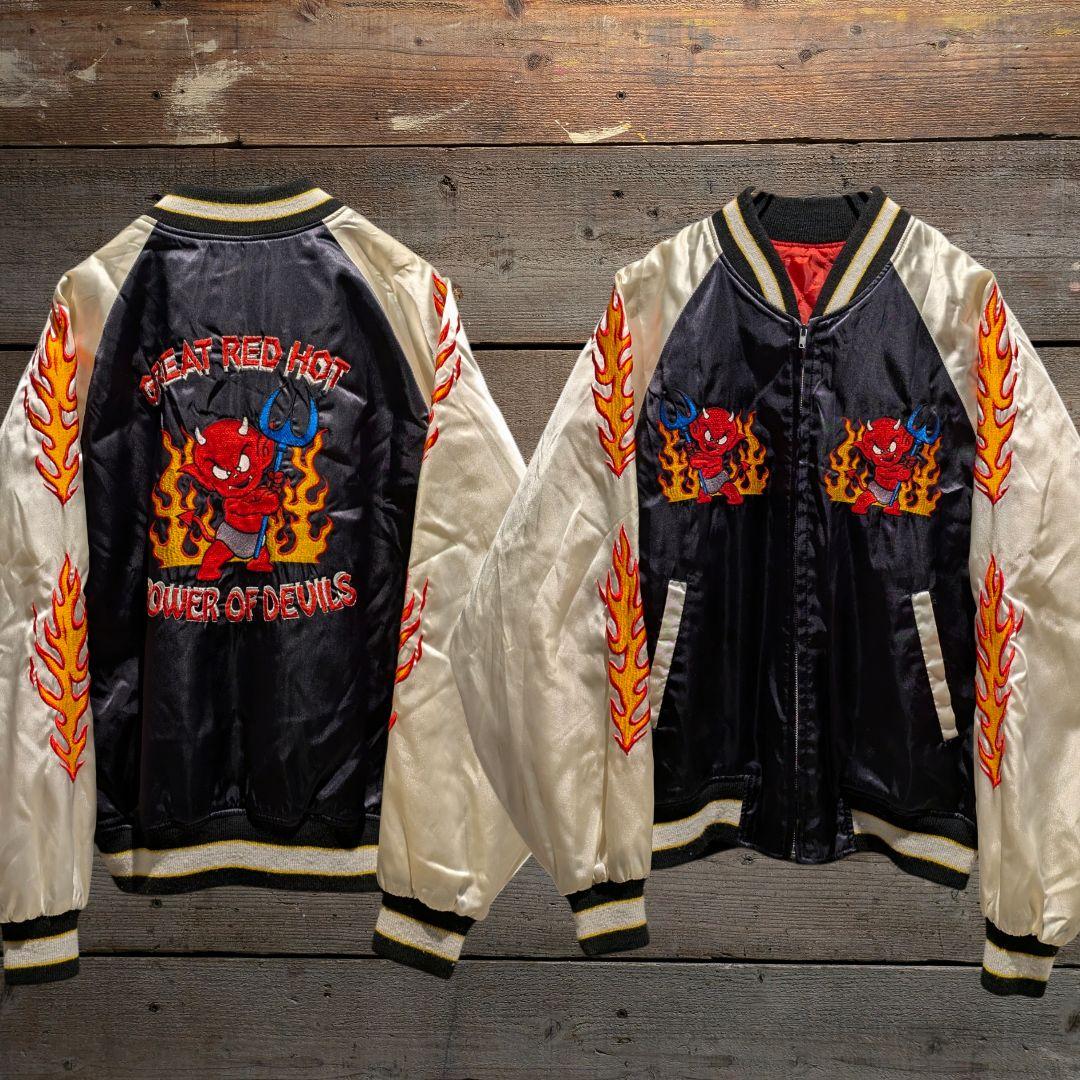 90s　ビンテージ　極上刺繍　レーヨン　スカジャン　炎　悪魔　アメカジ　シルバー