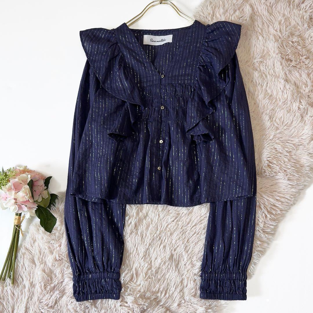 未使用級ꕥサラマリカ 2025 今季 コットンストライプジャガードフリルブラウス