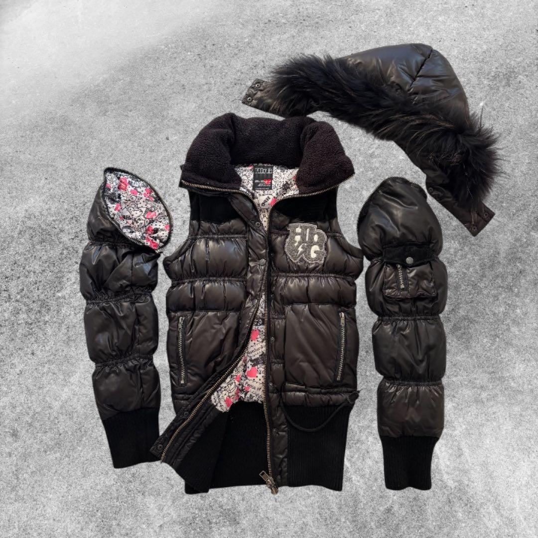 y2k 平成ギャル ダウンジャケット ファー付き 黒 ギミック コーデュロイ